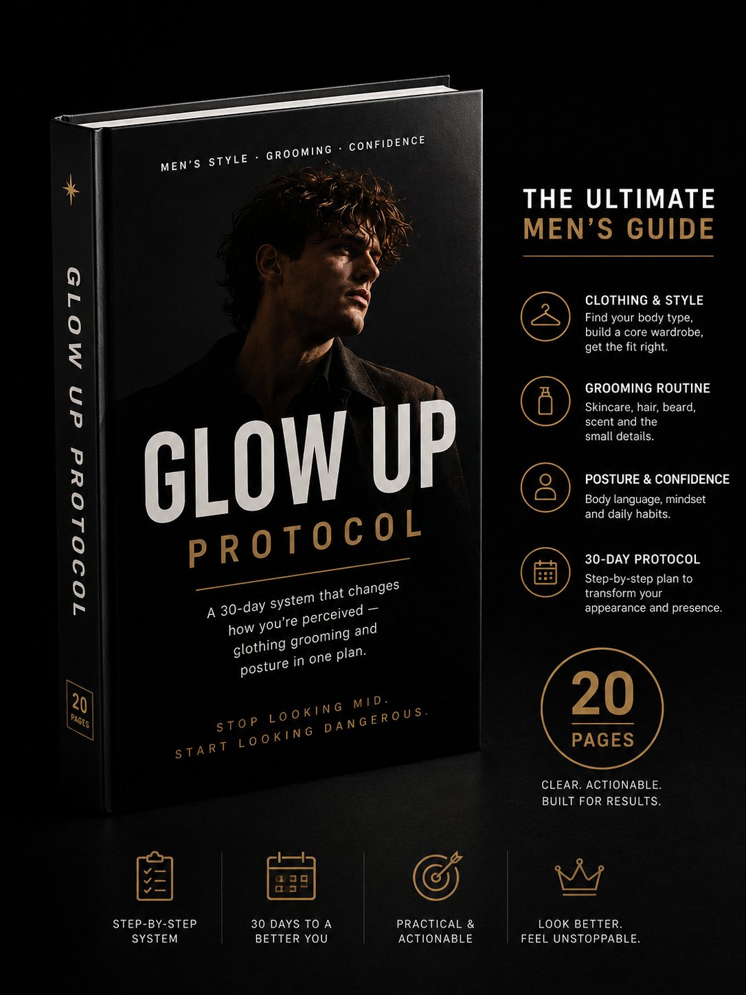 Glow Up Protocol — the guide: clothing and style, grooming routine, posture and confidence, 30-day protocol.